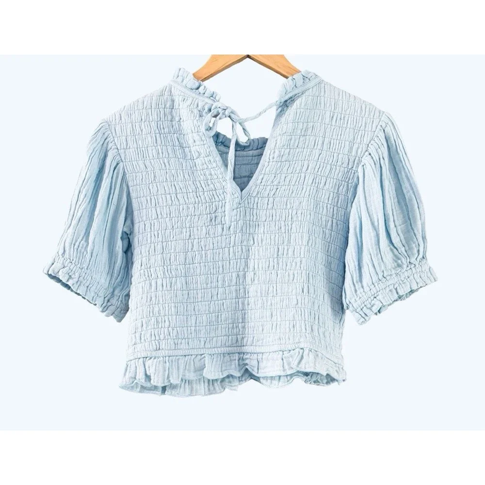 Free People A Sight To See Light Blue Smocked Gauzy Top Size Large NWT $108